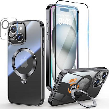 [Tri-Shield Protection] for iPhone 15 Case with 360° Spin Stand Compatible with MagSafe [Magnetic CD Ring] [Screen & Camera Lens Protector] Shockproof Plating Never-Yellowing, Black-6.1"
