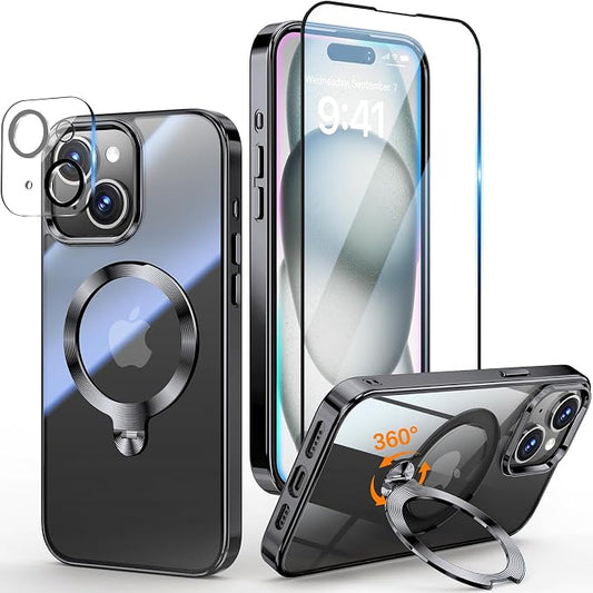 [Tri-Shield Protection] for iPhone 15 Case with 360° Spin Stand Compatible with MagSafe [Magnetic CD Ring] [Screen & Camera Lens Protector] Shockproof Plating Never-Yellowing, Black-6.1"