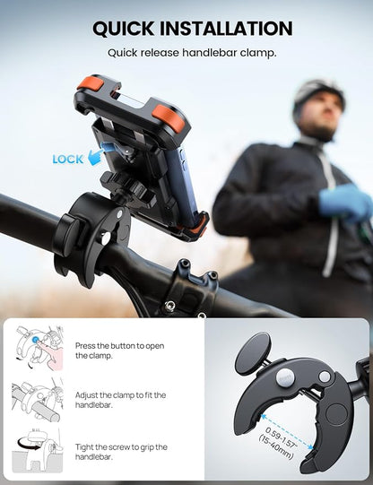 Lamicall Motorcycle Phone Mount, Bike Phone Holder - Upgrade Quick Install Handlebar Clip for Bicycle Scooter, Cell Phone Clamp for iPhone Air, 17 16 15 Pro Max, Galaxy, 4.7-6.8" Phones, Orange