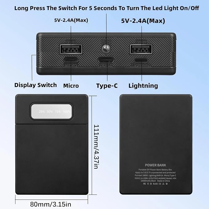 Battery Holder Case for Phone Electronics Fast Charging Portable Charging Power Shell 18650 Battery Box Case Shell ABS Enclosure White