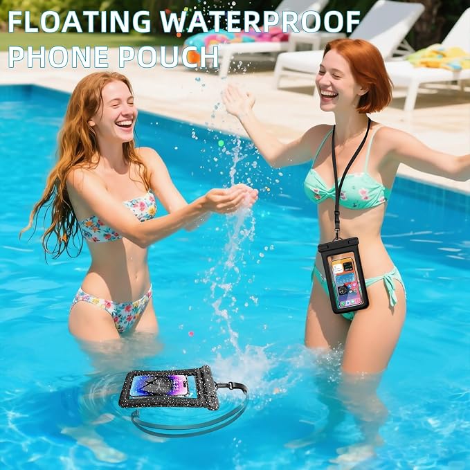 IPX8 Floating Waterproof Dry Bag 2-Pack, 7.2 Inch Waterproof Phone Pouch for iPhone 16/15/14 Pro Max Galaxy S24/S23 Adjustable Lanyard + wrist strap Beach Swimming Travel Essentials Black