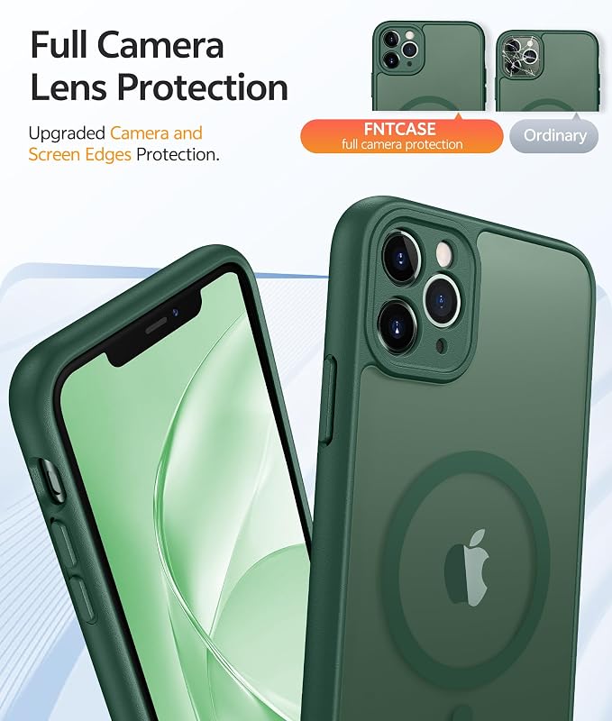 FNTCASE for iPhone 11 Pro Max Case: [Compatible with Magsafe] Translucent Matte Magnetic Cases [Full Camera Protection] Military Grade Shockproof Protective Phone Cover - Green