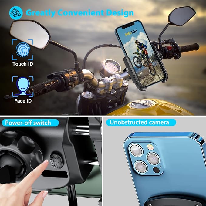 iMESTOU Motorcycle Phone Mount USB Charger Handlebar/Rear-View Mirror Cellphone Holder Aluminum with 17mm Ball Works with 12/24V Motorcycles Quick Charge for 4.0-6.8 Inch Smartphones (USB Type)