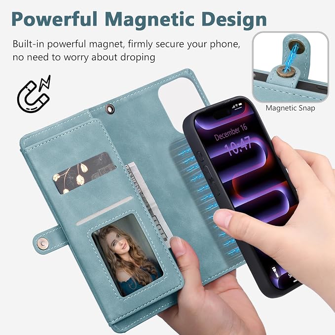 Wallet Case for iPhone 16 Pro Max with Card Holder/Crossbody Wallet/Strap| RFID Blocking | Magnetic | Kickstand | Detachable | PU Leather Phone Case for iPhone 16 Pro Max,6.9 in,Blue