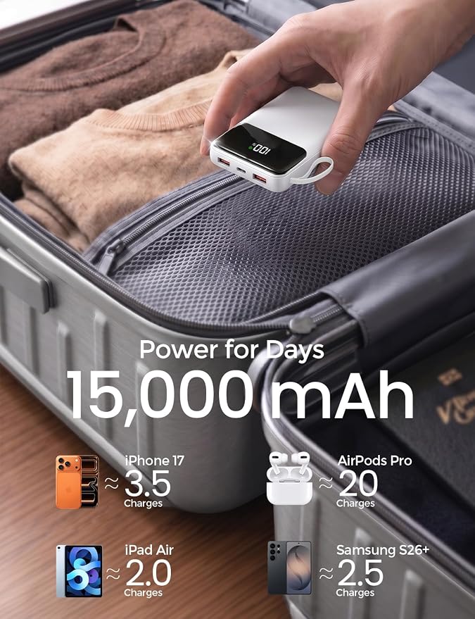 Power Bank, 15000mAh Portable Charger with Built in Cable, 22.5W Fast Charging, 6 Outputs, Slim Travel Essential Battery Pack with LED Display, Compatible with iPhone 17/16/15/14/13, iPad Pure White