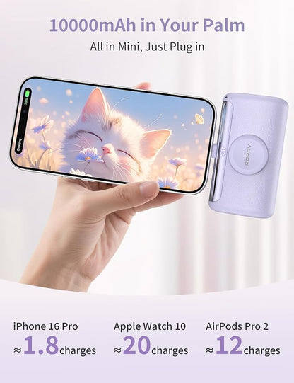 RORRY PalmGo Portable Charger Power Bank 10000mAh 3-in-1 Mini Battery Pack | Built-in USB-C Connector, 22.5W Fast Charging, for iPhone 17/16/15, Apple Watch, iPad, Travel Essential, Pocket Size