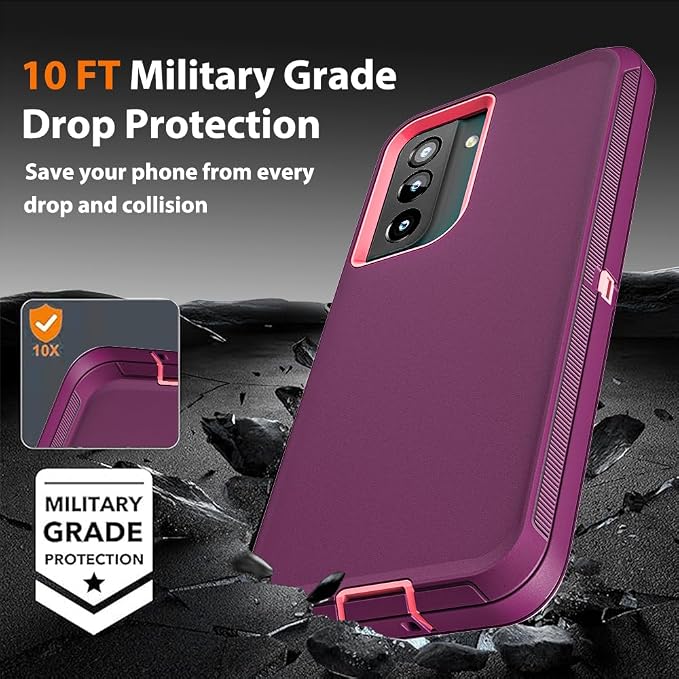for Samsung Galaxy S21 FE Case with 2Pcs Screen Protector and 1Pcs Camera Lens Protector, Military Grade Heavy Duty Shockproof/Drop Proof/Dust Proof Case (Wine Red/Rose Pink)