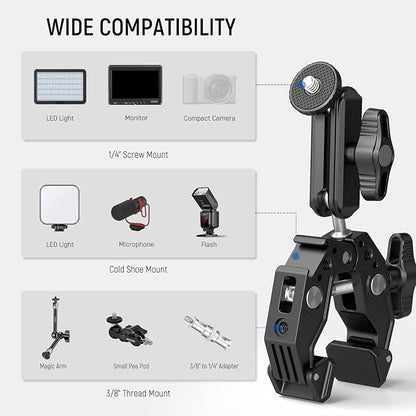 NEEWER Super Clamp Magic Arm Camera Mount with Phone Holder Action Cam Adapter Ball Heads 1/4" Threads Cold Shoe Cleaning Cloth Compatible with SmallRig GoPro for Desk Tripod Crossbar Gimbal Rod, ST83