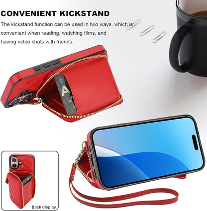 Bocasal Crossbody Wallet Case for iPhone 16, RFID Blocking PU Leather Zipper Handbag Purse Flip Cover, Kickstand Folio Case with Card Slots Holder Wrist Strap Lanyard 5G 6.1 Inch (Red)