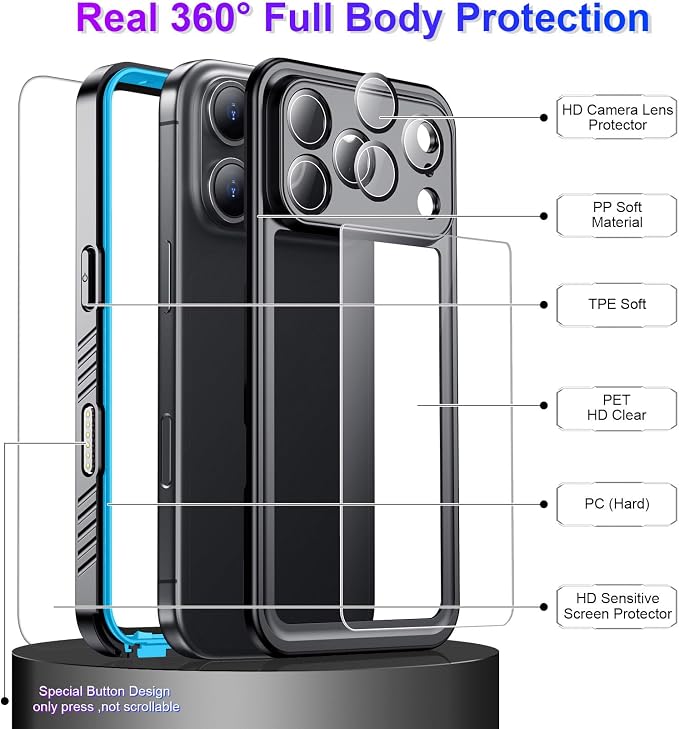 Temdan Compatible with iPhone 17 Pro Case,Waterproof Built-in Screen & Camera Protector IP68 Underwater Full Body 17FT Military Dropproof Shockproof Phone Case 6.3"-Blue/Clear