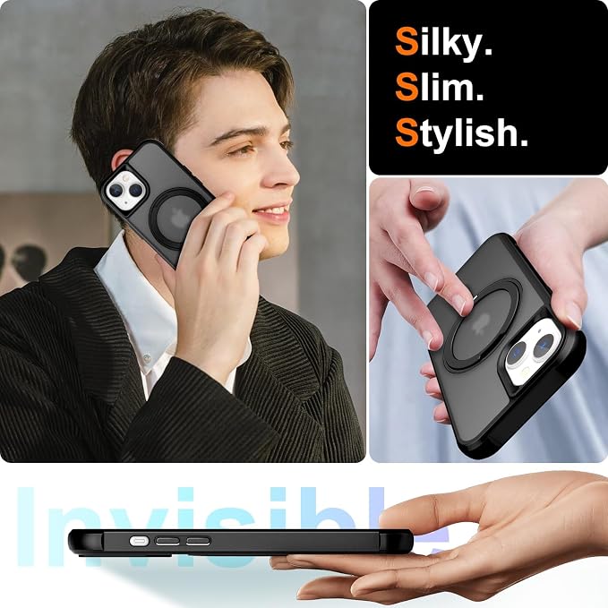 360° Magnetic Swivel Ring for iPhone 14 Plus case, Built-in Metal Stand and Ring Holder, Magsafe Compatible, Military Grade Protection, Shock Resistant - Black