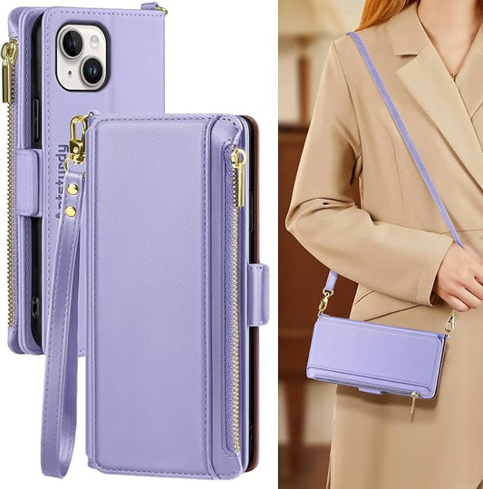 Antsturdy Compatible with iPhone 14 Wallet Case Women Men,RFID Blocking PU Leather Crossbody Phone Case Zipper with Wrist Strap Flip Protective Cover Credit Card Holder for Apple 14 6.1",Light Purple