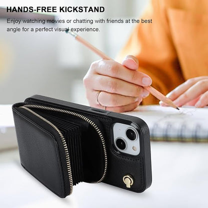 KIHUWEY Crossbody Wallet Case for iPhone 13 iPhone 14, Zipper Pocket Case with Card Holder, PU Leather RFID Blocking Protective Cover Case with Kickstand Detachable Wrist Strap Lanyard 6.1" (Black)