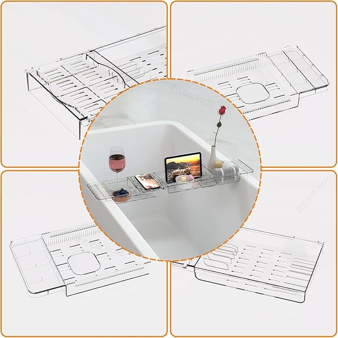 Expandable Bathtub Trays for Tub,Acrylic Bath Shelf Over Tub,with Non-Slip Design iPad Holder for Books Phone，Suitable for Bathtubs with an Internal Width of up to 28 Inch