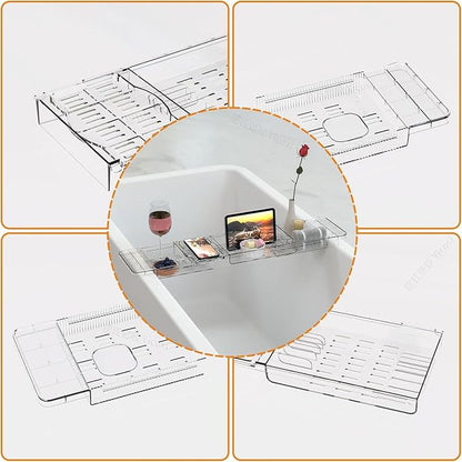 Expandable Bathtub Trays for Tub,Acrylic Bath Shelf Over Tub,with Non-Slip Design iPad Holder for Books Phone，Suitable for Bathtubs with an Internal Width of up to 28 Inch