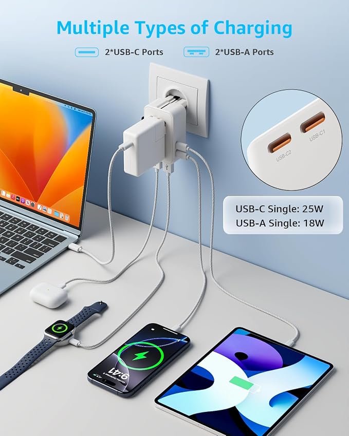 “Air” Universal Travel Adapter 2 USB-C＆ 2 USB-A Cover 200+ Countries | PD 25W, International Plug Adapter, All in One Portable Adapter, NOT A Voltage Converter, for USA, UK, EU, AU (White)
