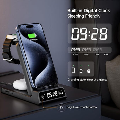 Charging Station for iPhone 17/Air, SwanScout 703A, Wireless Charger for iPhone 16/15/14/13/12/11 Series, for Apple Watch 11/10/Ultra 3/9/8/7/6/5/SE 2, for Airpods Pro 3/2, Foldable and Portable