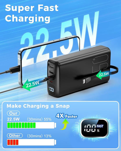 51000mAh Portable Charger with Built-in USB-C & Lightning Cables, 22.5W Fast Charging Power Bank, High Capacity Battery Pack for iPhone, Samsung, Android, Travel, Camping