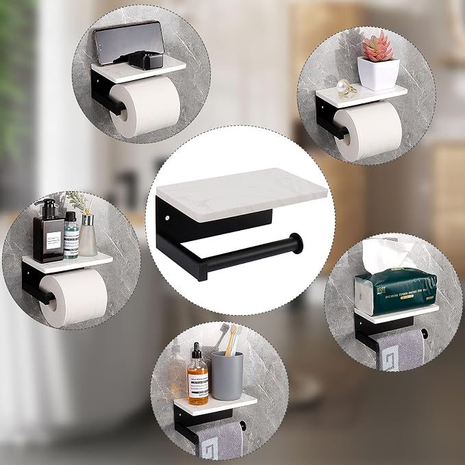 NearMoon Toilet Paper Holder with Shelf, Heavy Duty Bath Toilet Roll Holder with Phone Shelf Tissue Hanger for Bathroom/Kitchen Wall Mounted(Metal & Marble, Matte Black)
