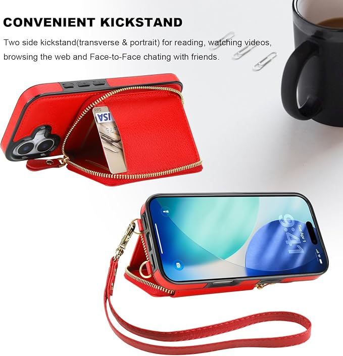 Bocasal RFID Blocking Wallet Case for iPhone 17, Adjustable Crossbody Zipper Purse Case Card Holder with Kickstand Detachable Wrist Strap, PU Leather Flip Folio Case 6.3 Inch 5G (Red)