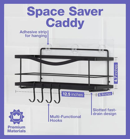 KINCMAX Premium Shower Caddy - Self Adhesive Shower Shelf with 4 Hooks - No Drill Large Capacity Stainless Steel Rack - Aesthetic Organizer for Bathroom Wall Decor - Matte Black