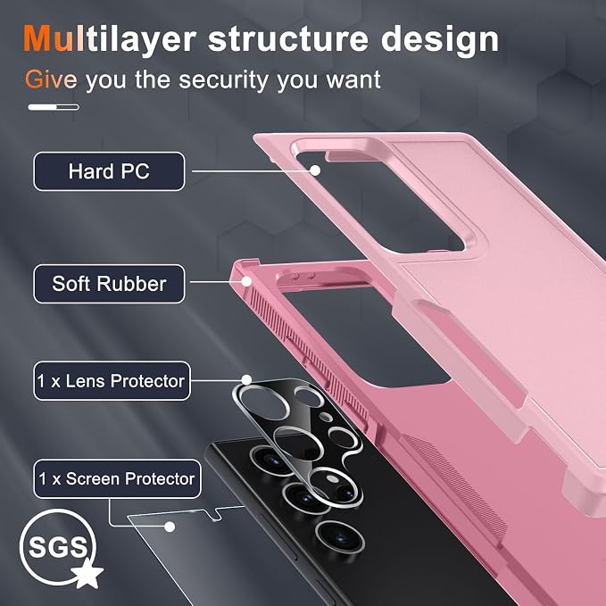 RMOCR Case for Samsung Galaxy S25 Ultra, Full Body Heavy Duty Rugged Shockproof Protective Phone Cover with Lanyard Strap, Tempered Glass Screen Protector and Camera Lens Cover, Cute Pink