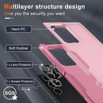 RMOCR Case for Samsung Galaxy S25 Ultra, Full Body Heavy Duty Rugged Shockproof Protective Phone Cover with Lanyard Strap, Tempered Glass Screen Protector and Camera Lens Cover, Cute Pink