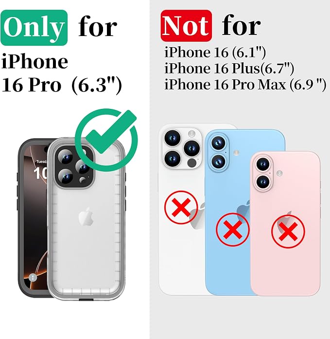 Cozycase for iPhone 16 Pro Case Waterproof - 360 Heavy Duty with Screen/Camera Protector Shockproof IP68 Underwater Dustproof Water Dust Shock Proof Full Body/Front and Back Case Black/Frosted Clear