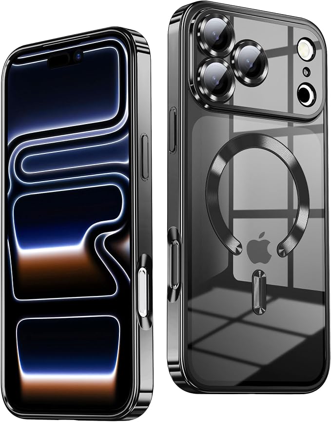 Slim Thin for iPhone 17 Pro Max Case Clear, Compatible with MagSafe, Built-in Camera Lens Protector, Non Yellowing Shockproof Protective Phone Case, Soft Electroplated Magnetic Cover, Black