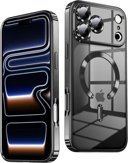 Slim Thin for iPhone 17 Pro Max Case Clear, Compatible with MagSafe, Built-in Camera Lens Protector, Non Yellowing Shockproof Protective Phone Case, Soft Electroplated Magnetic Cover, Black