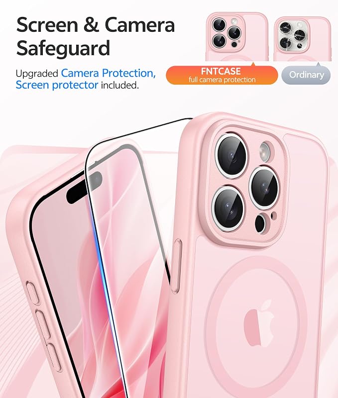FNTCASE for iPhone 15 Pro Case: [Compatible with Magsafe] Translucent Matte Cases with [Full Camera Protection] [Screen Protector] Military Grade Shockproof Protective Phone Cover - Light Pink
