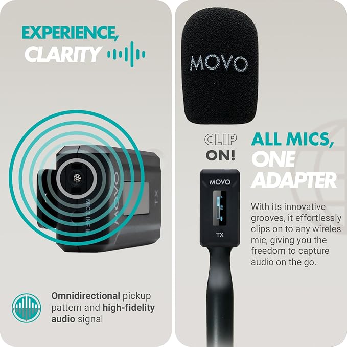 Movo WMX-2 Wireless Lavalier Microphone Lapel Mic with Charging Case and WMX-HM Handheld Adapter - Lav Mic, Lapel Microphone 2.4GHz for Camera, Vlogging, DSLR, and Content Creators