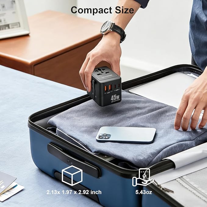 Realmade 45W GaN PD Travel Adapter 5-Port EU UK US AU Plug Black | All-in-one international power adapter, travel essential for US EU UK overseas trips