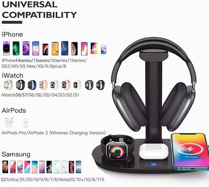 Headphone Stand with 15w Wireless Charger, Suguder 4 in 1 Charging Station Headset Holder for AirPods Max/Pro/4/3/2 iWatch 10/9/8/7/6/5/4/3/2/1/SE iPhone 17/16/15/14/13/12/11/X for Desktop Table Game