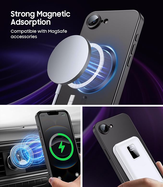 Magnetic for iPhone 16e / 17e Case [Compatible with MagSafe][Built-in Camera Lens Protector] Slim Soft Silicone Bumper Shockproof Metallic Luster 17e Phone Case (Black)