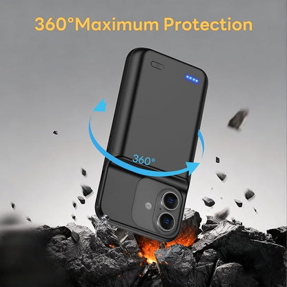 Battery Case for iPhone 17(6.3 inch), 7000mAh Ultra-Slim Protective Extended Charging Charger Case, 15W Fast Charging Rechargeable Battery Pack with Tempered Glass Screen Protector- Black
