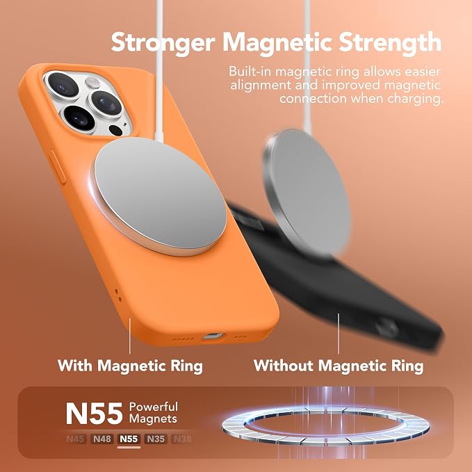 GONEZ Magnetic for iPhone 15 Pro Case, Compatible with MagSafe, [Screen Protector + Camera Lens Protector], Silicone Shockproof Anti-Scratch Protective Phone Case 6.1 inch, Orange