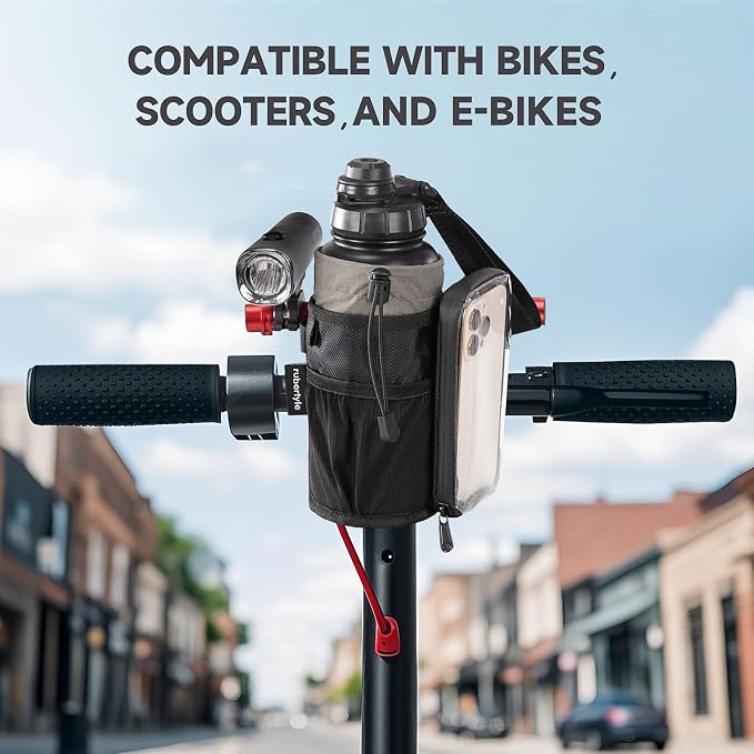 Bike Water Bottle Holder with Mount | Fits Motorcycles, Strollers, Scooters, Wheelchairs | Waterproof Phone Bag | Mount Support More Bike Devices | Holds 3.6in Diameter Bottles (2Black)