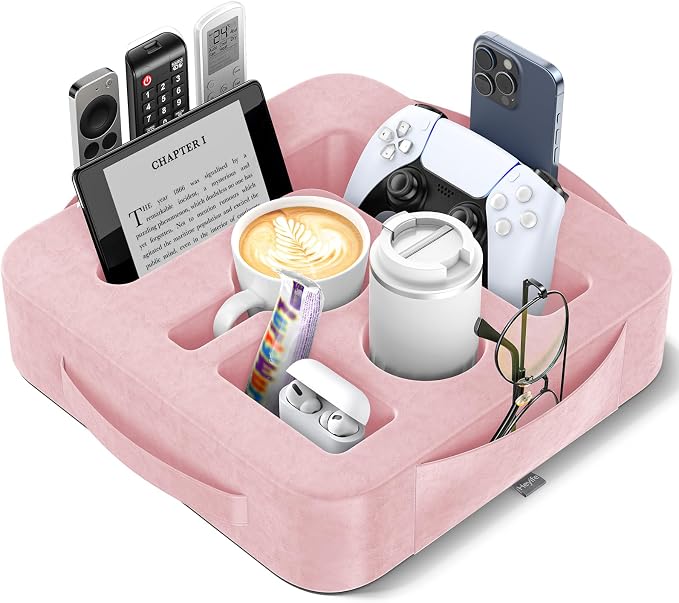 Couch Cup Holder Pillow, Sofa and Bed Caddy for iPad, Kindle, Switch, Game Controller, Remotes, Phones, Small-Sized Cup and Drink Holder for Couch, Bed, Desk, Car, Beach, Bathroom Cup Holder, Pink