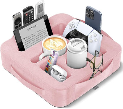 Couch Cup Holder Pillow, Sofa and Bed Caddy for iPad, Kindle, Switch, Game Controller, Remotes, Phones, Small-Sized Cup and Drink Holder for Couch, Bed, Desk, Car, Beach, Bathroom Cup Holder, Pink