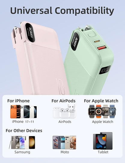 RORRY Portable Charger w/Wall Plug 10000mAh Power Bank 22.5W Battery Pack | Built in Cables, Fast Charging, for iPhone, iPad, Samsung Galaxy, Pixel, LG, Travel Essential, Digital Display, Pocket Size