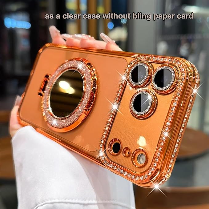 for iPhone 17 Pro Magnetic KickStand, [Compatible with Magsafe] Shockproof Glitter Makeup Mirror Ring Holder Camera Protector Girls Woman Cute Bling Phone Cover for iPhone 17 Pro 6.3", Orange