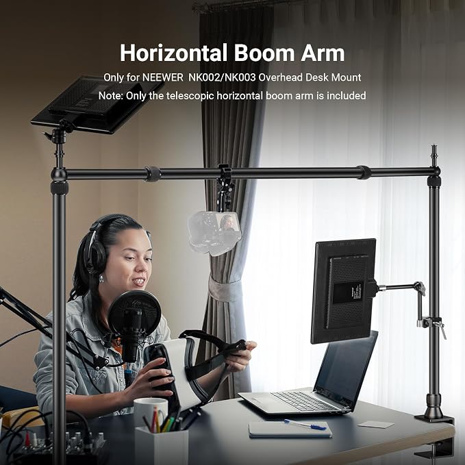 NEEWER 2.8-4.9ft Horizontal Boom Arm Only for NEEWER NK002 & NK003 Overhead Desk Camera Mount Rig Webcam Stand, Telescopic Crossarm for Phone Holder LED Light Video Recording Streaming, NK009