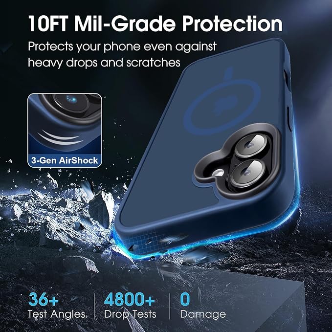 Magnetic Case for iPhone 16 Case [10FT-Grade Drop Tested & Compatible with MagSafe] Translucent Anti-Fingerprint Shockproof Protective Cover 6.1 Inch, Deep Blue