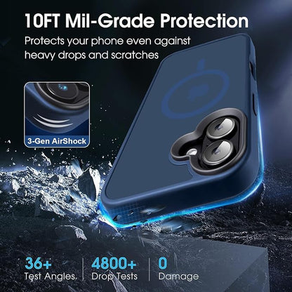 Magnetic Case for iPhone 16 Case [10FT-Grade Drop Tested & Compatible with MagSafe] Translucent Anti-Fingerprint Shockproof Protective Cover 6.1 Inch, Deep Blue