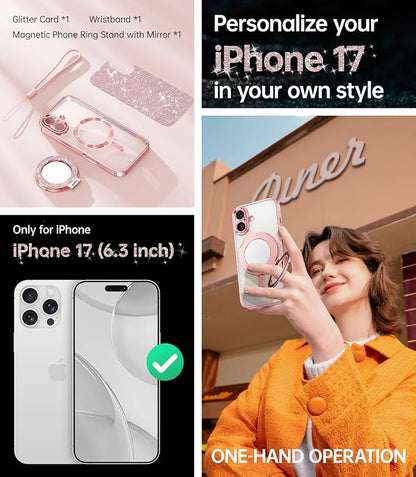 Meifigno Designed for iPhone 17 Case with Ring Stand (6.3"), [Built-in Mirror] [Compatible with MagSafe] [Glitter Card & Wrist Strap] Removable Phone Stand +Designed for iPhone 17 Case, Rose Gold