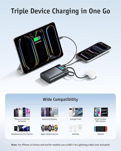RORRY 45W Portable Charger, 20000mAh Power Bank, iPhone Battery Pack | Fast Charging, Extended Built-in USB C Cable, Smart Display, For iPhone 17/16/15, Galaxy, Pixel, iPad, Travel Essential