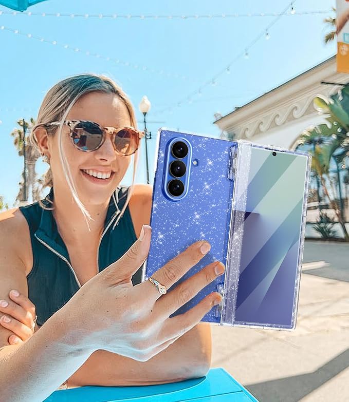 Btscase for Samsung Galaxy Z Fold 7 Case,Built in Front Screen Protector,Gold Glitter Marble Pattern Hard PC Slim Shockproof Full Body Drop Protective Case for Galaxy Z Fold 7 5G, Clear Glitter