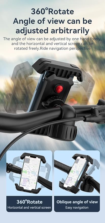 One-Hand Operation Bike Phone Holder 360° Rotation Quick Release Holder for Motorcycle Scooter E-Bike Fits iPhone Samsung Google Pixel, Black (Regular model)
