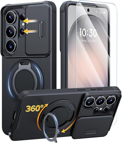 JAME for Samsung Galaxy S26 Ultra Case, Ring Holder Stand Kickstand, Slide Camera Cover with Screen Protector, Dual-Layer Shockproof Protective Magnetic Accessory Friendly S26 Ultra Phone Case, Black